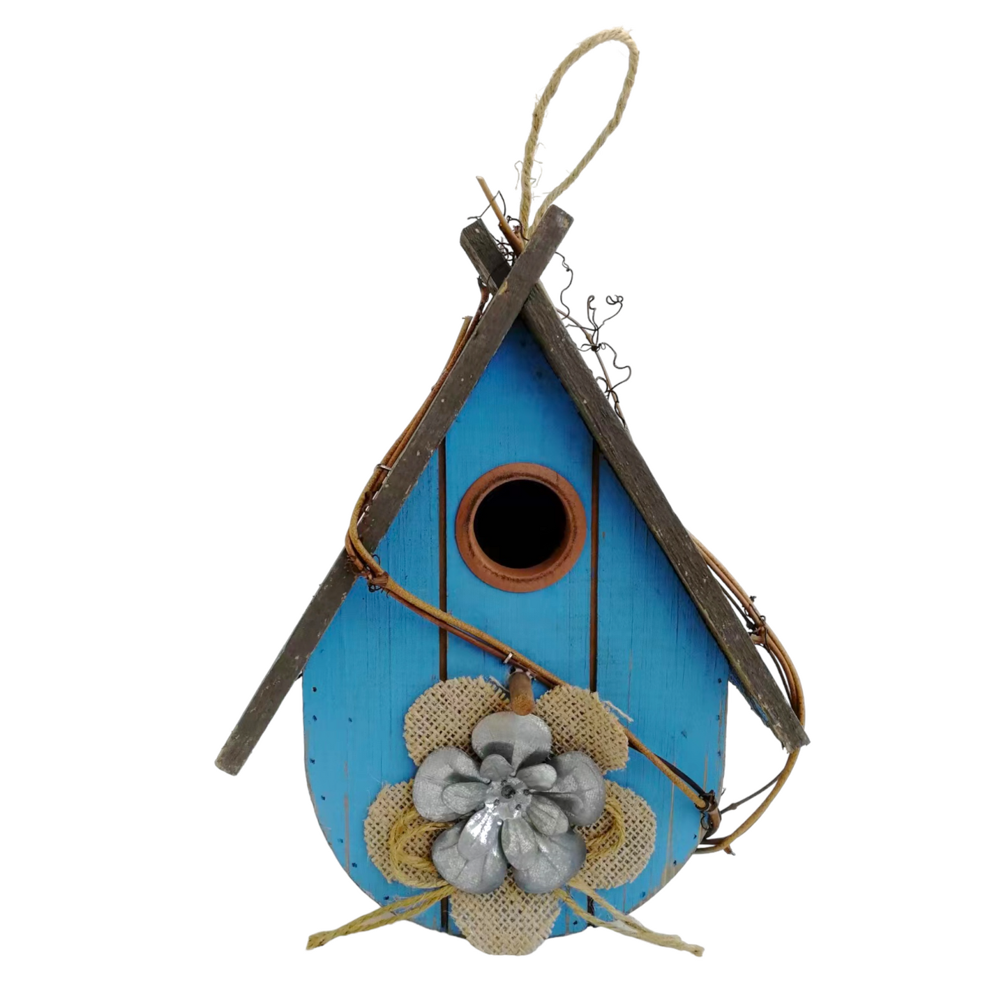 Light Blue Metal-decor Wooden Birdhouse