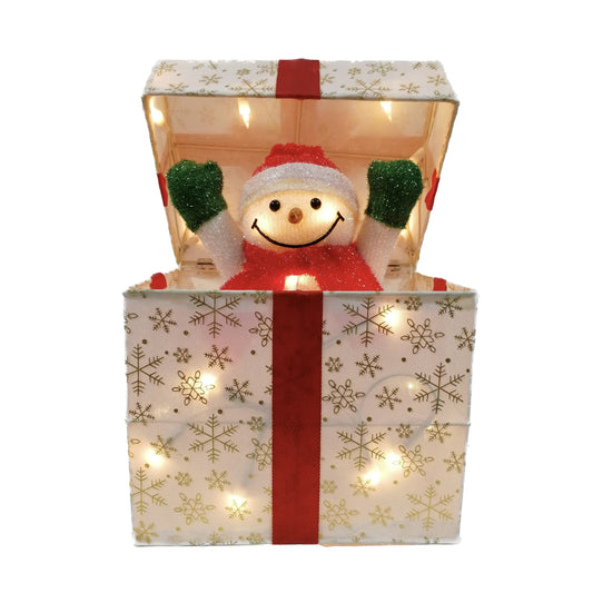 Christmas Snowman Moving-Lid Lighted LED Gift Box - White