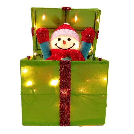 Christmas Snowman Moving-Lid Lighted LED Gift Box - Green