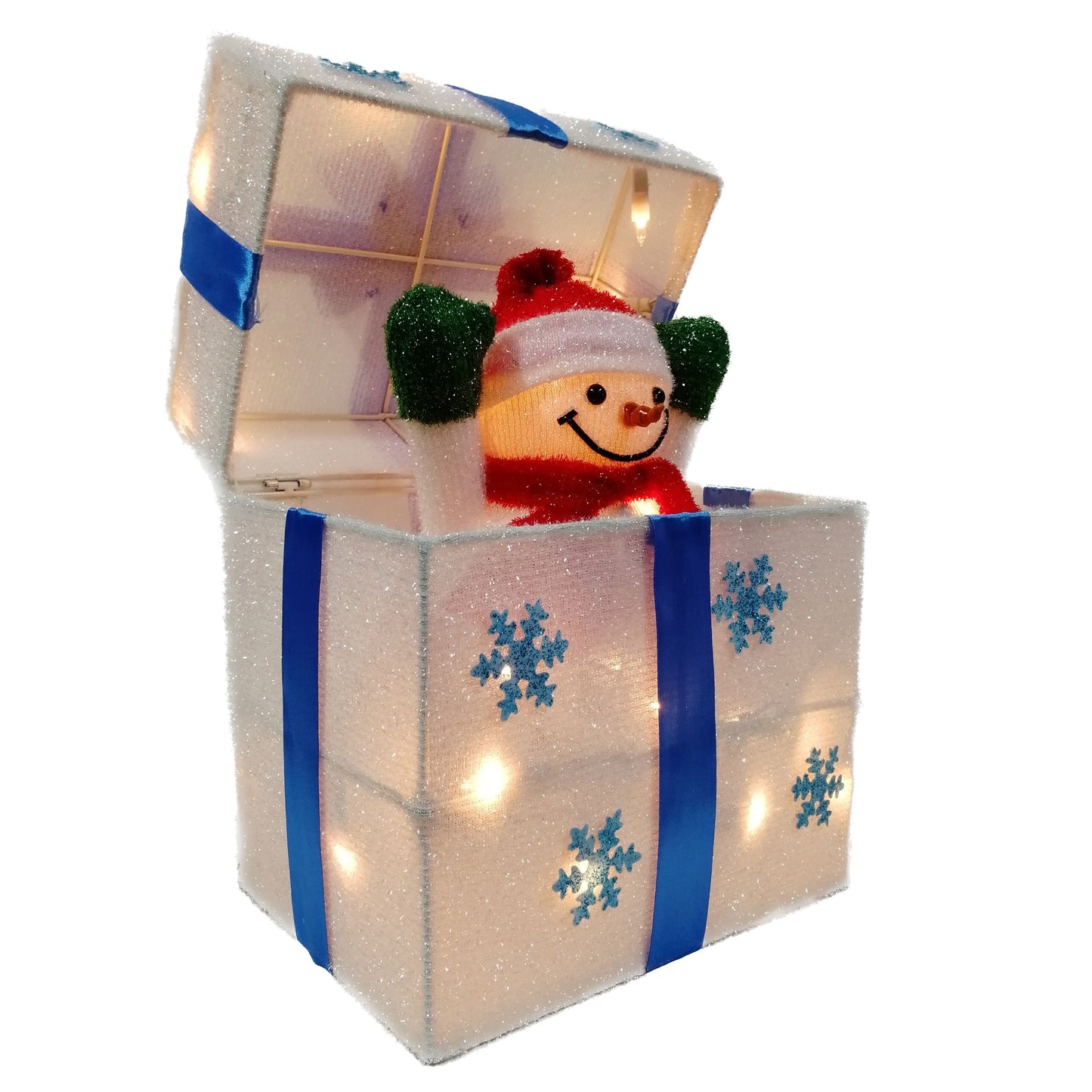 Christmas Snowman Moving-Lid Lighted LED Gift Box - Blue